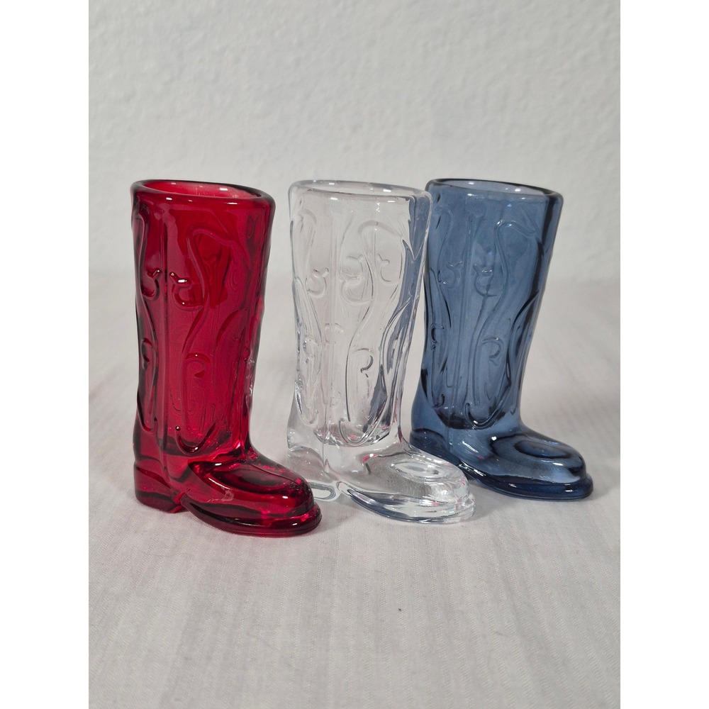 Vintage Cowboy Boot Shot Glass Set 3 Red Clear Blue Glass Western Barware 3in